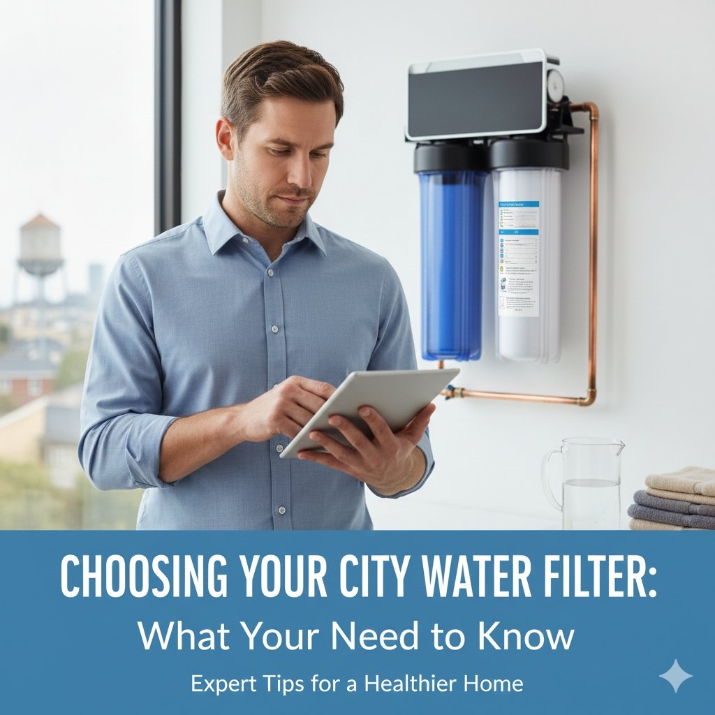 How do I choose a whole house filter designed for municipal water? Image shows a person comparing filter specifications against city water quality reports. Selection guide from a pp cotton household water purifier company.