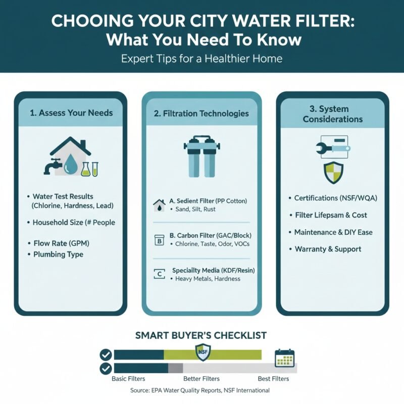 Checklist for choosing a whole house filter, focusing on flow rate, chlorine removal capacity, and the necessity of a pp cotton sediment pre-filter for municipal water. Expert advice from a pp cotton household water purifier company.