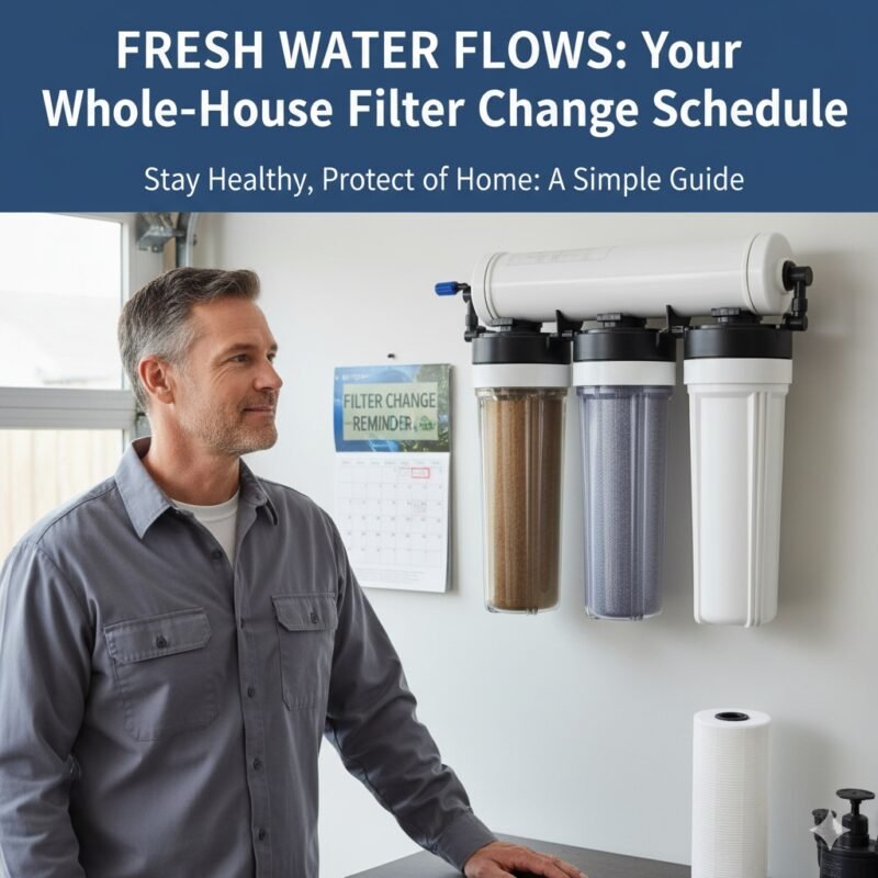 How often change whole house water filter? Image features a homeowner checking a calendar marked with filter replacement dates next to the main unit, a reminder from a pp cotton household water purifier company.