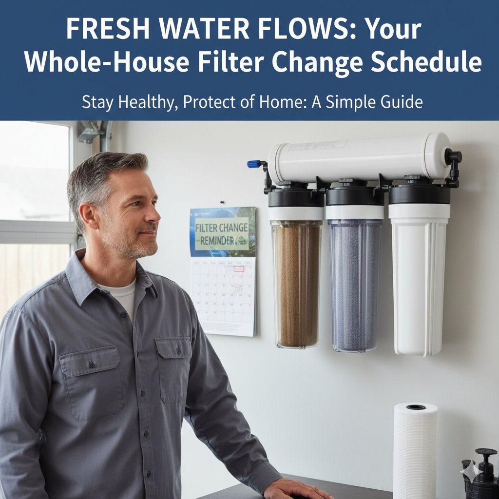 How often change whole house water filter? Image features a homeowner checking a calendar marked with filter replacement dates next to the main unit, a reminder from a pp cotton household water purifier company.