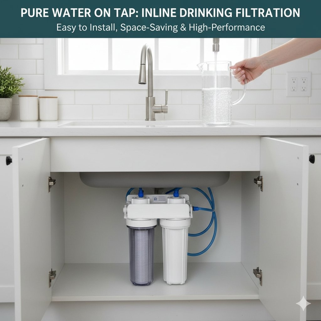 Inline drinking water filter system installed under a kitchen sink, providing filtered water directly from the existing tap for convenience. Solution from a pp cotton household water purifier company.