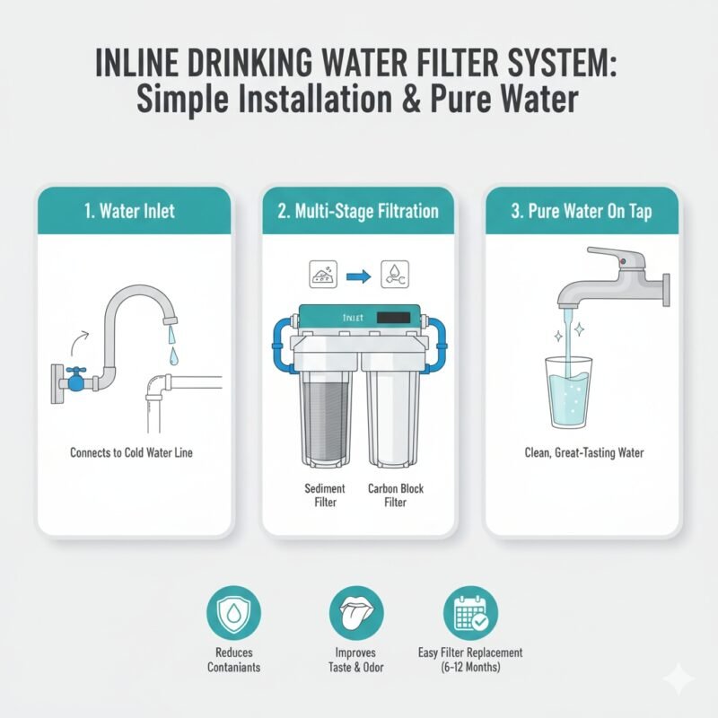 Close-up diagram of a compact inline drinking water filter system's components, highlighting the pp cotton and carbon stages for effective contaminant removal. Easy DIY installation from a household water purifier company.