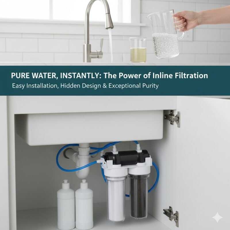 Inline water filtration system installed neatly under a kitchen sink, providing purified drinking water through the existing faucet without bulky components. Reliable solution from a pp cotton household water purifier company.