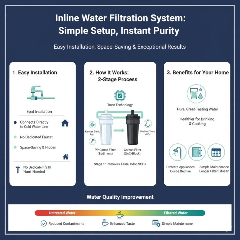 Diagram of a multi-stage inline water filtration system's cartridge assembly, highlighting the sequence of filters, including pp cotton and activated carbon stages, for comprehensive water treatment. Guide from a pp cotton household water purifier company.