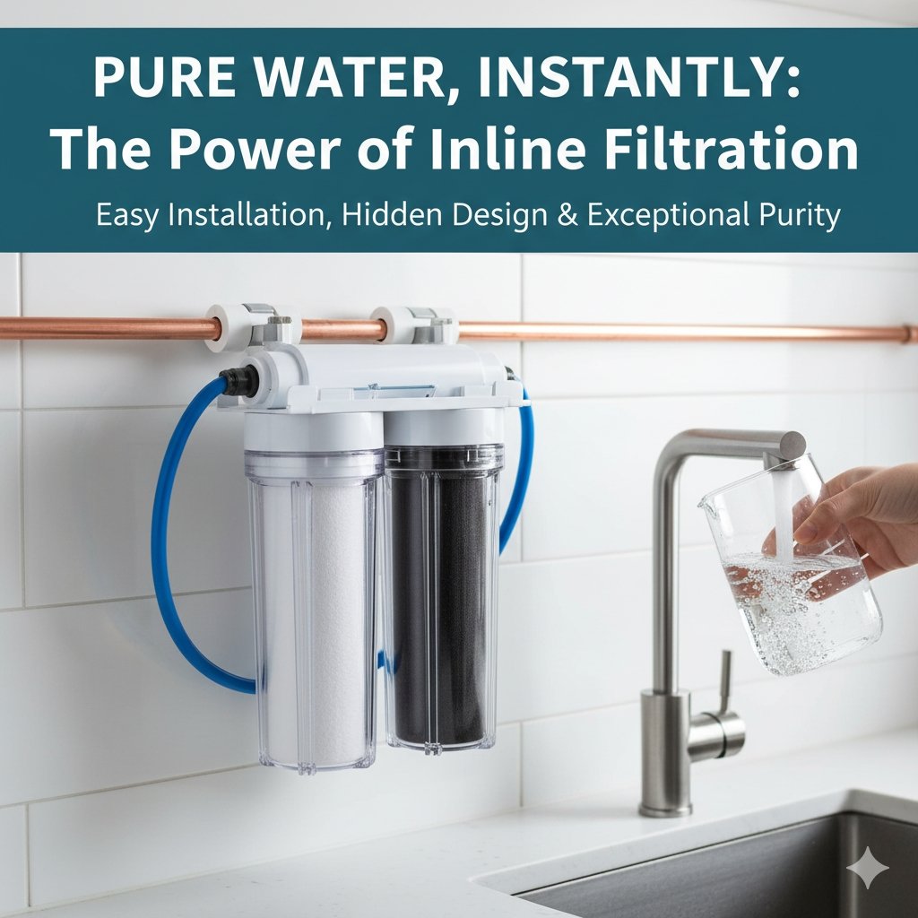 Inline water filtration system installed on a main water line under a sink or near an appliance, showcasing a seamless, compact filtering solution. Product recommended by a pp cotton household water purifier company.