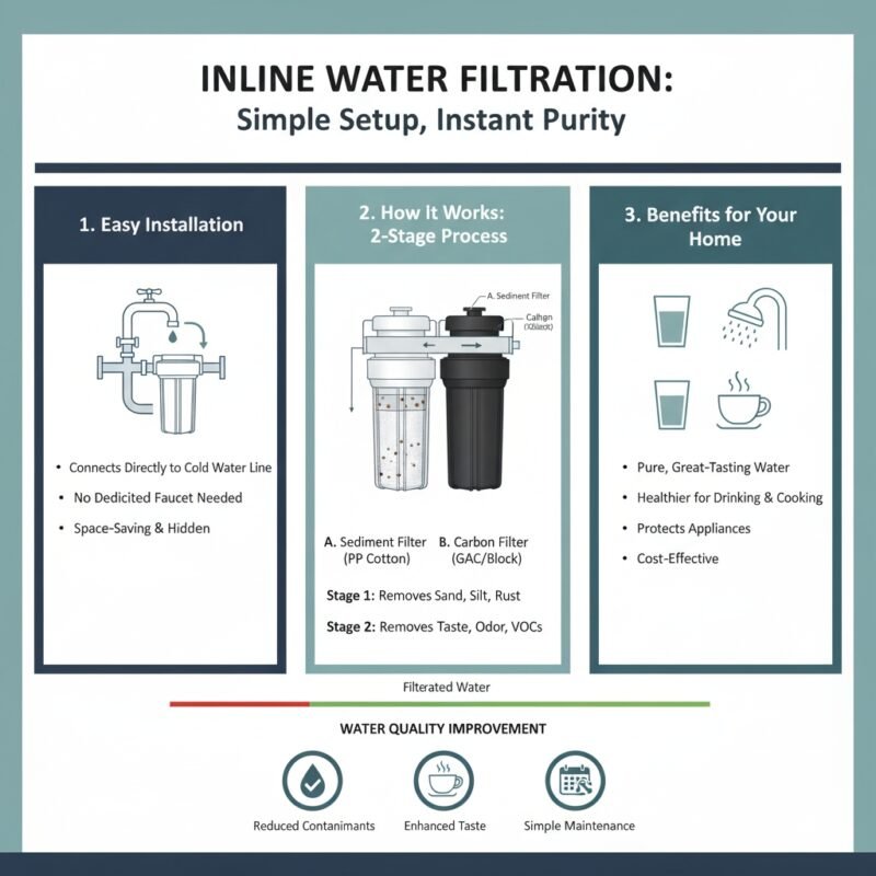 Close-up view of an inline water filtration cartridge, typically containing carbon or pp cotton media, showing the quick-connect fittings for easy installation. Technical insight from a pp cotton household water purifier company.