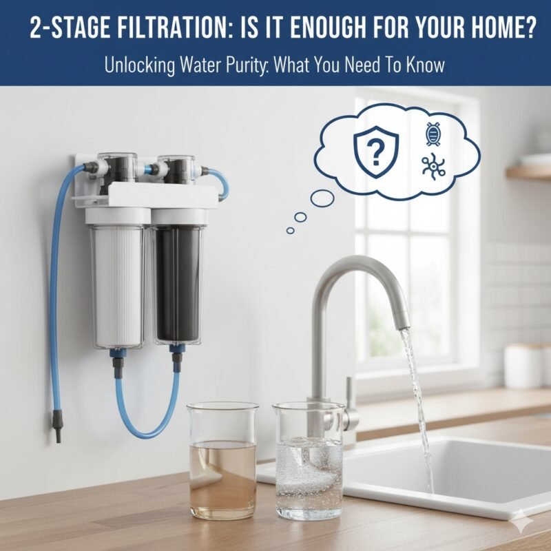 Is 2 stage water filter enough? Image showing a two-stage purification unit next to a question mark, prompting the consideration of water quality needs, as discussed by a pp cotton household water purifier company.