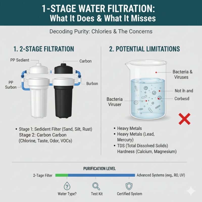 Diagram illustrating a typical 2 stage water filter system: a pp cotton sediment filter followed by a carbon block filter, and listing the contaminants they effectively remove. Information from a pp cotton household water purifier company.