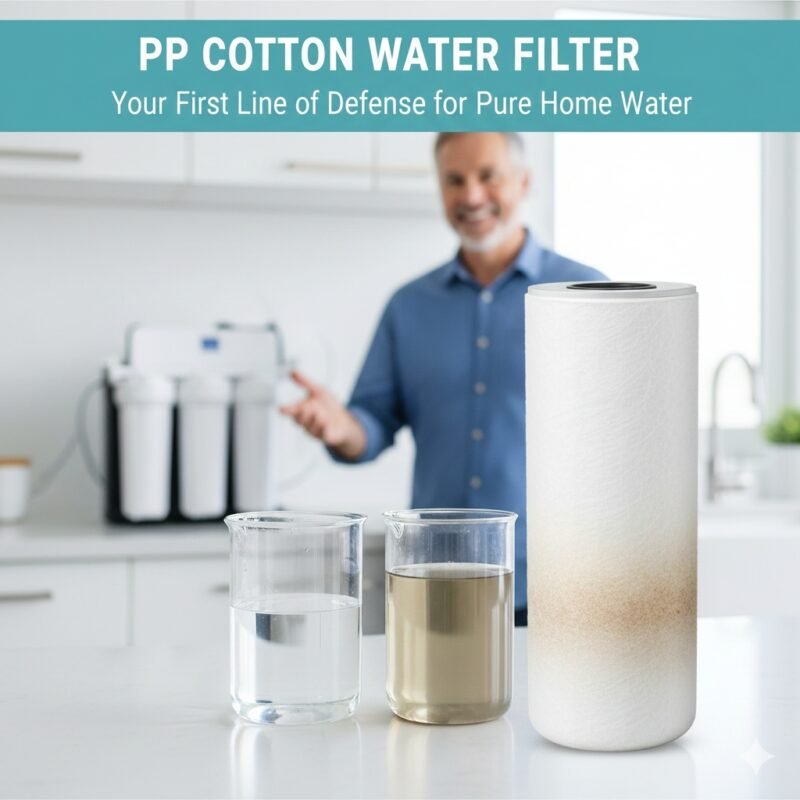 Close-up view of a pp cotton water filter cartridge, highlighting its compressed melt-blown fibers for superior sediment, rust, and particle removal. Core product offering from a pp cotton household water purifier company.