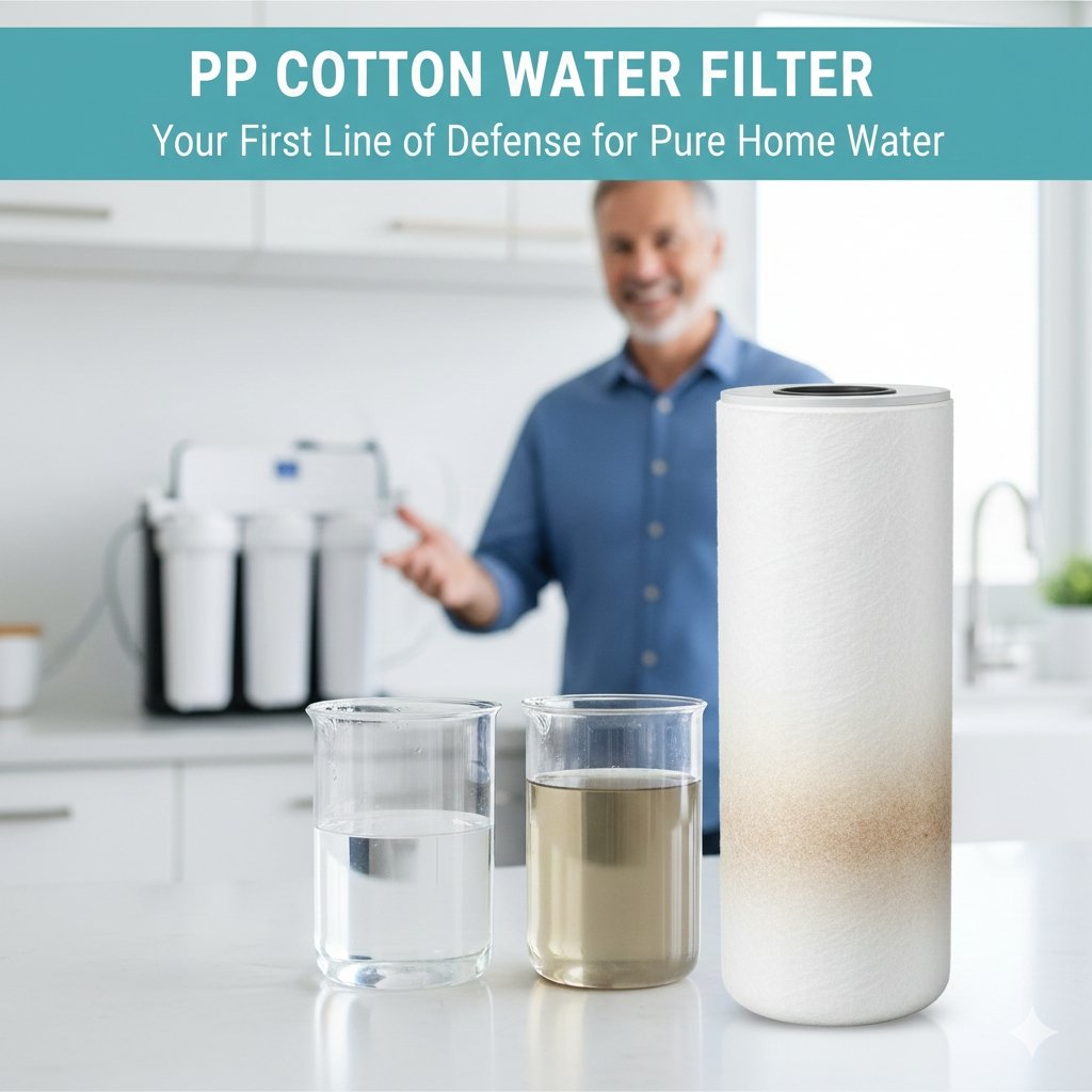 Close-up view of a pp cotton water filter cartridge, highlighting its compressed melt-blown fibers for superior sediment, rust, and particle removal. Core product offering from a pp cotton household water purifier company.