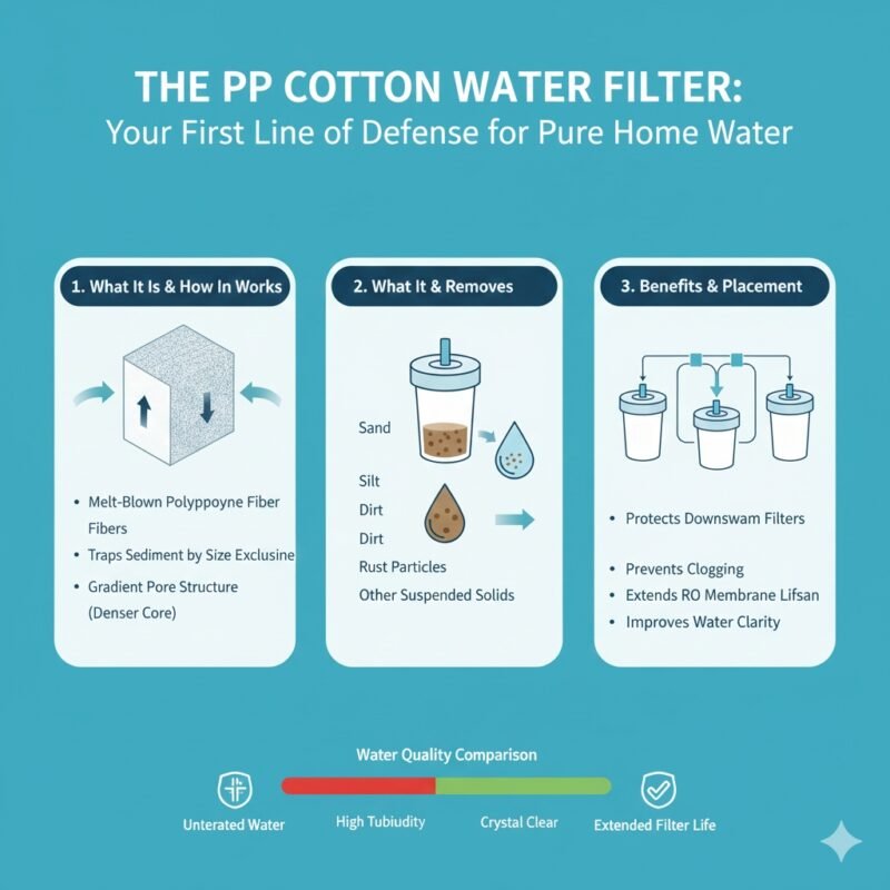 Diagram illustrating how the gradient density of a pp cotton water filter traps increasingly finer sediment particles, showing its essential role as the first stage in household water purification. Technical detail from a pp cotton household water purifier company.