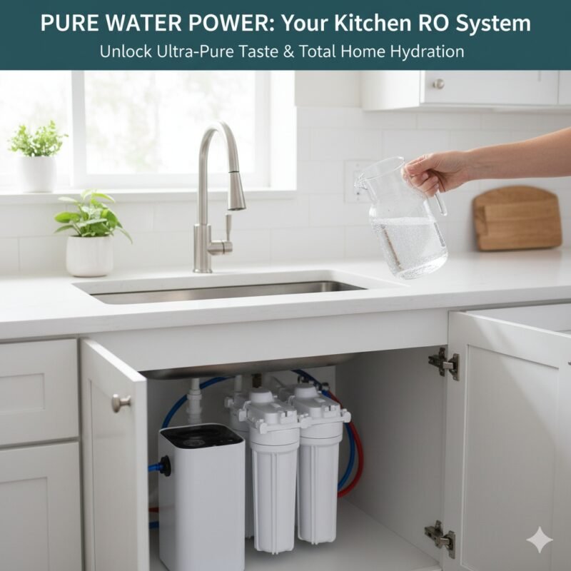 RO system in kitchen, showing a compact under-sink Reverse Osmosis unit and a dedicated faucet on the countertop, providing ultra-pure drinking water for the family. System suggested by a pp cotton household water purifier company.