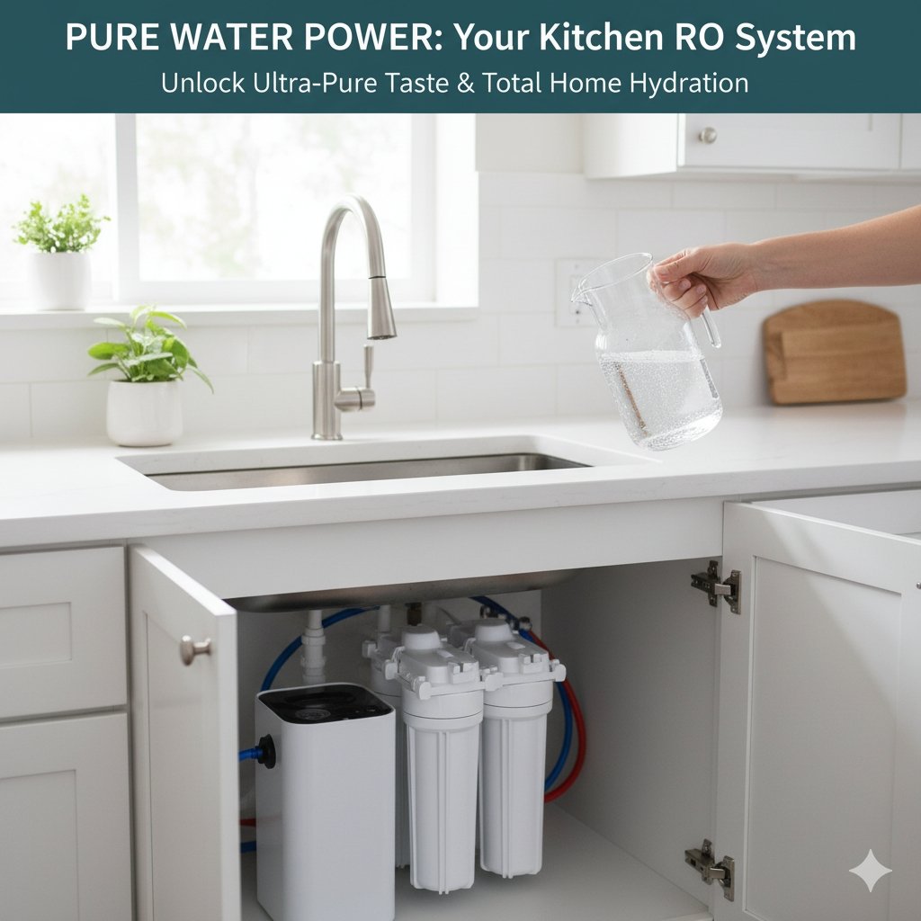 RO system in kitchen, showing a compact under-sink Reverse Osmosis unit and a dedicated faucet on the countertop, providing ultra-pure drinking water for the family. System suggested by a pp cotton household water purifier company.