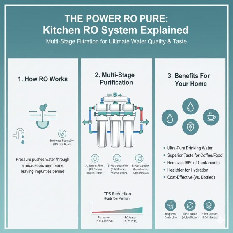 Detailed diagram of a multi-stage RO system in kitchen, illustrating the water path through the pp cotton sediment filter, carbon pre-filters, RO membrane, and post-carbon filters. Educational guide from a pp cotton household water purifier company.