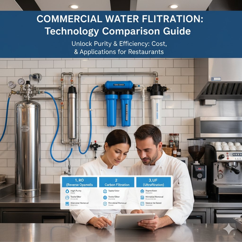 How can I compare trusted filtration technologies for commercial water units? Image shows a restaurant kitchen with various filtration systems, emphasizing water quality for food service by a pp cotton household water purifier company.