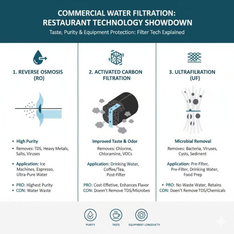 Comparison table illustrating different commercial water filtration technologies (RO, Carbon) based on cost, maintenance, and contaminant removal for food industry needs. Guide from a pp cotton household water purifier company.
