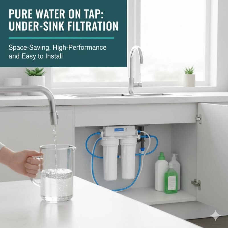 Under sink inline water filter system visible with cabinet doors open, showing a sleek design for purified drinking water from the tap. Ideal from a pp cotton household water purifier company.
