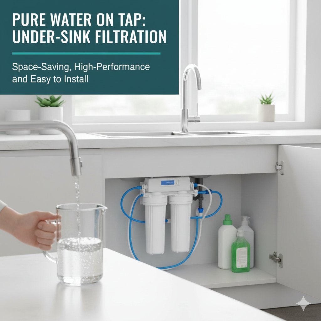 Under sink inline water filter system visible with cabinet doors open, showing a sleek design for purified drinking water from the tap. Ideal from a pp cotton household water purifier company.