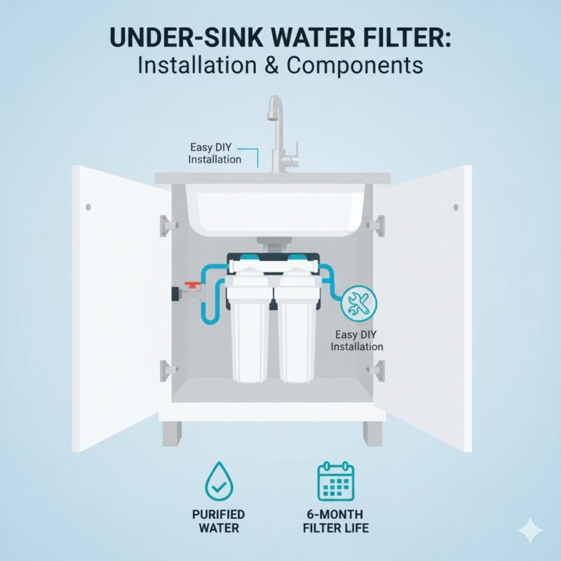 Diagram illustrating the installation of an under sink inline water filter system, detailing connections to the main water line and faucet, from a pp cotton household water purifier company.