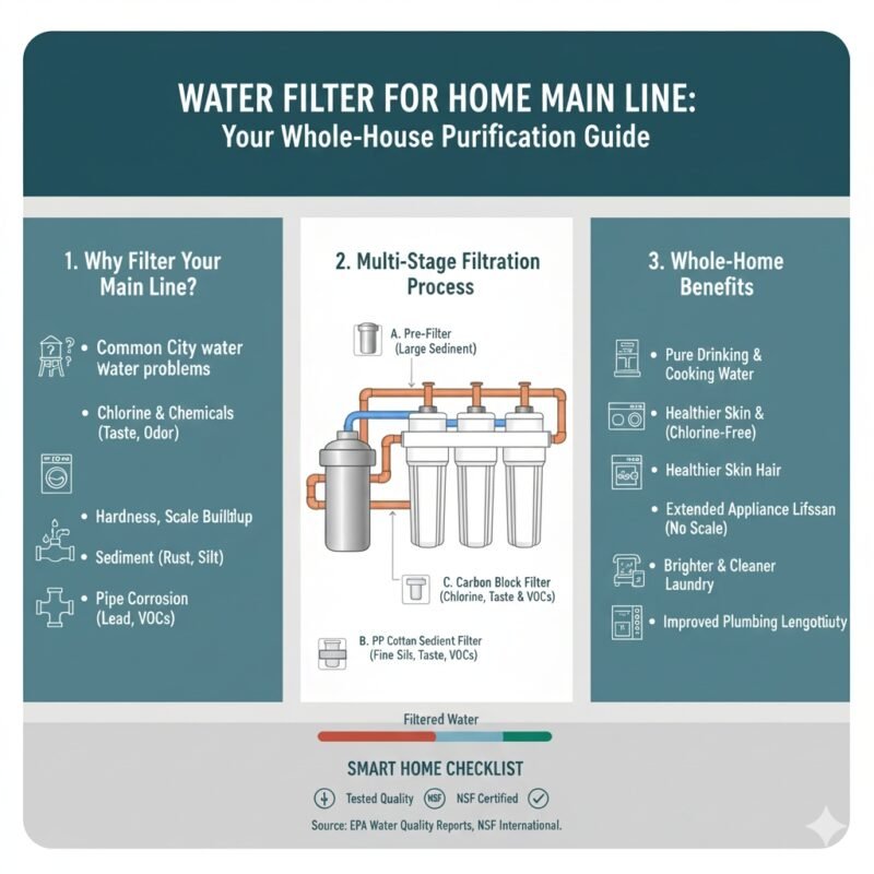Schematic diagram showing a main line water filter system, illustrating the large capacity filter housing and the initial stage using a pp cotton sediment filter for whole-house protection. Technical view from a pp cotton household water purifier company.