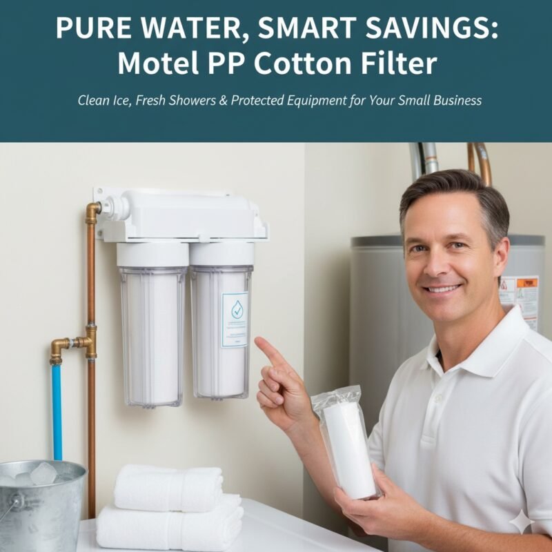 Water filter machine for hotel or small motel and Airbnb, showing a compact pp cotton water purifier providing clean water for guests' showers and drinking. Affordable solution from a pp cotton household water purifier company.