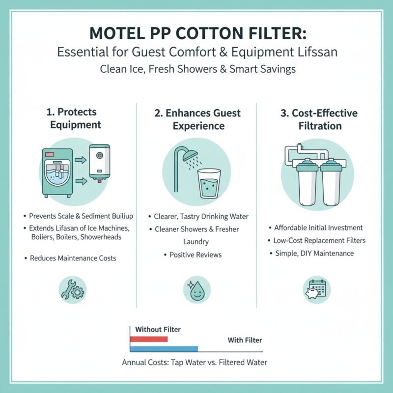 Close-up of a high-capacity pp cotton filter cartridge being installed in a water filter machine for a small hotel, ensuring sediment-free water supply. Essential maintenance advice from a pp cotton household water purifier company.