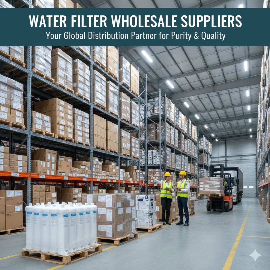 Water filter wholesale suppliers warehouse scene, showing large quantities of packaged household and commercial filtration systems ready for bulk orders and international distribution. Reliable supply by a pp cotton household water purifier company.