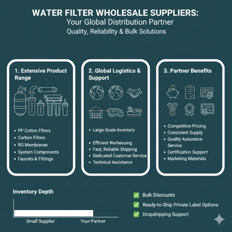 Global supply chain map superimposed over various water filter components, symbolizing the extensive reach of water filter wholesale suppliers and their logistics network. Partnership opportunities from a pp cotton household water purifier company.