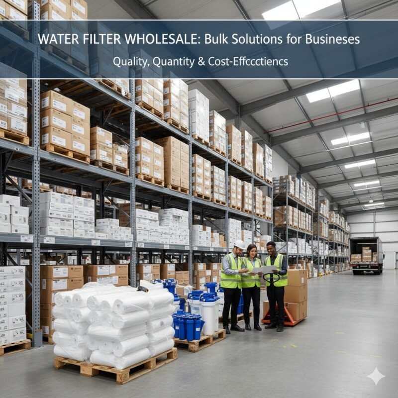 Water filter wholesale operation, showing large stacks of packaged replacement filters, including pp cotton sediment cartridges, ready for bulk distribution to retailers and businesses. From a pp cotton household water purifier company.