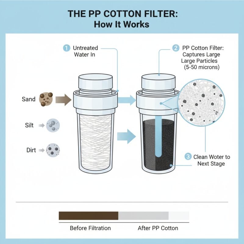 Microscopic view of water flowing through a pp cotton filter, showing suspended particles being trapped by the fibrous material, which is the first stage of filtration in household water purifier company units.
