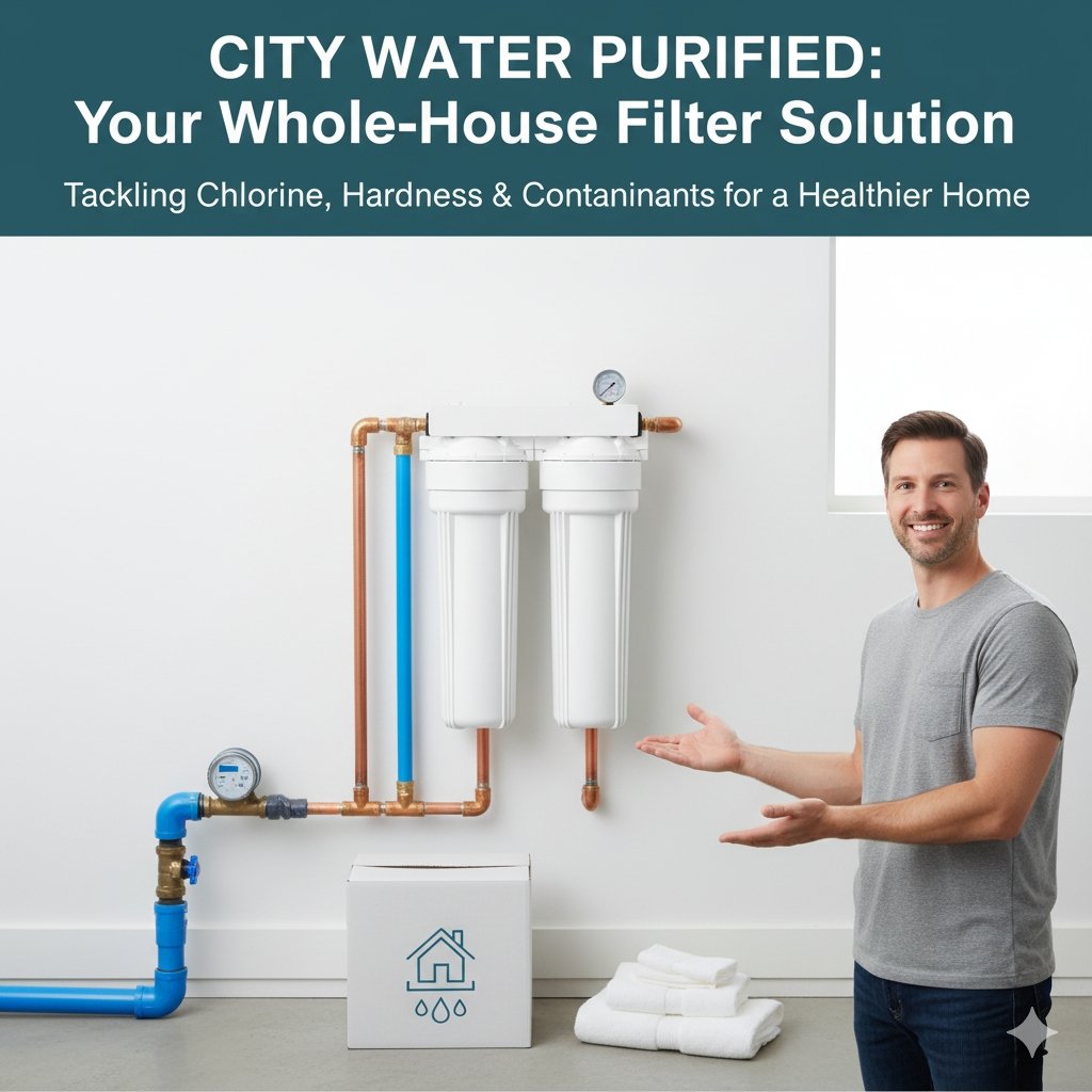 Whole house filter for city water installation in a residential basement, focusing on removing chlorine and improving taste from municipal supply. Recommended by a pp cotton household water purifier company.