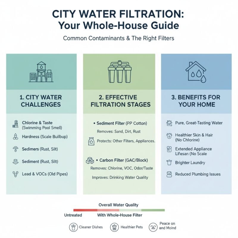 Chart comparing contaminants common in city water (chlorine, chloramines) versus the effectiveness of different filter media (carbon, pp cotton sediment) in a whole-house system. Guidance from a pp cotton household water purifier company.