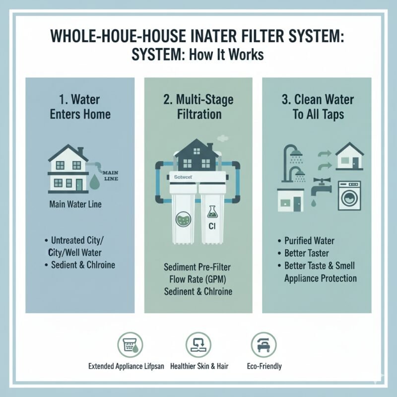 Detailed view of a multi-stage whole house inline water filter system showing distinct filter housings (sediment, carbon, etc.), essential for quality water. Product from a pp cotton household water purifier company.