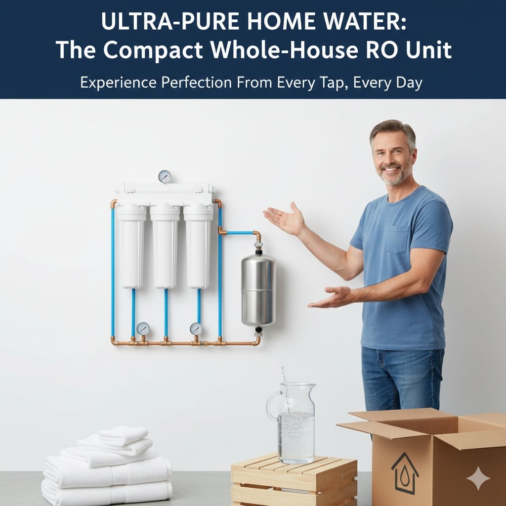 Compact whole house RO unit for standard homes, showcasing a small reverse osmosis system providing high-purity water to all household taps. Advanced solution from a pp cotton household water purifier company.