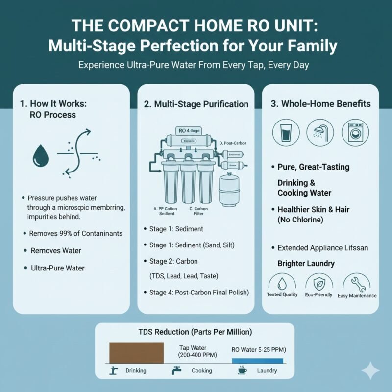 Detailed cross-section of a small household RO unit, highlighting the multi-stage purification including the pp cotton pre-filter, RO membrane, and storage tank components. Technical guide from a pp cotton household water purifier company.
