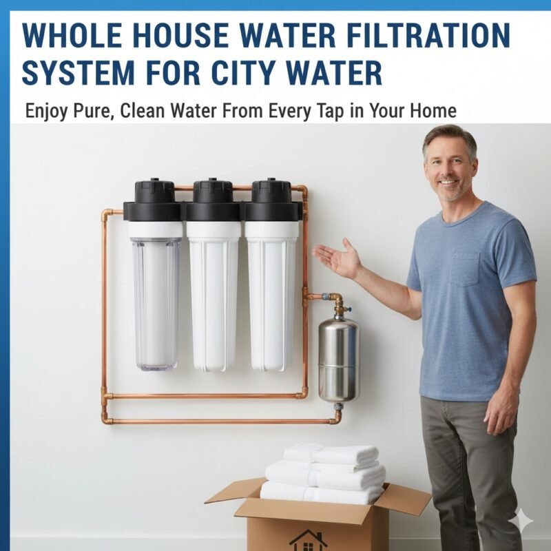 Whole house water filtration system for city water, showing the unit installed at the point of entry of a residential home, optimizing municipal water quality. Essential advice from a pp cotton household water purifier company.