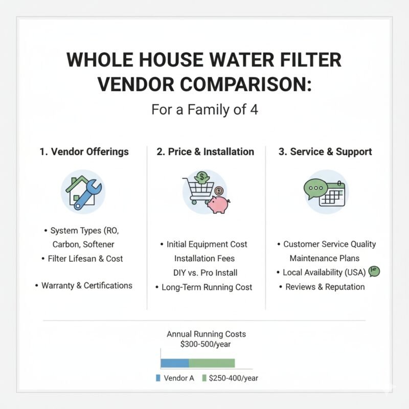 Comparison chart analyzing top whole house water filter vendors based on filtration media (pp cotton, carbon), system cost, and maintenance needs for a four-person family. Review by a household water purifier company.