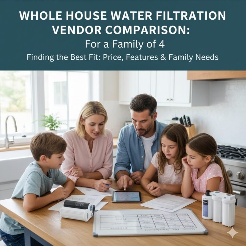 Whole house water filtration system vendor comparison for a family of 4, showing a spreadsheet listing prices, GPM, and warranty details from different providers. Tips from a pp cotton household water purifier company.