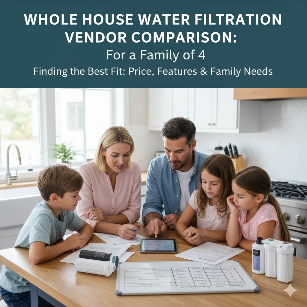 Whole house water filtration system vendor comparison for a family of 4, showing a spreadsheet listing prices, GPM, and warranty details from different providers. Tips from a pp cotton household water purifier company.