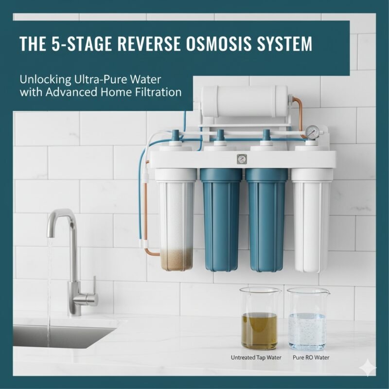 5 stage RO filter system under-sink unit, showcasing the essential components including the storage tank and dispensing faucet, crucial for high-purity drinking water. Premium RO solution from a pp cotton household water purifier company.