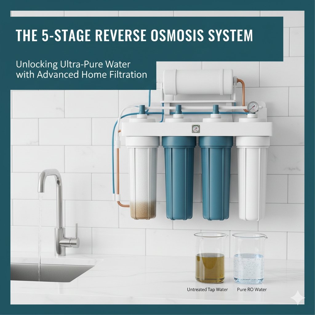 5 stage RO filter system under-sink unit, showcasing the essential components including the storage tank and dispensing faucet, crucial for high-purity drinking water. Premium RO solution from a pp cotton household water purifier company.