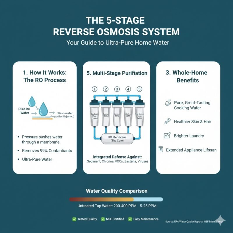 Cross-section diagram illustrating the five distinct filter stages of an RO system, from the initial pp cotton sediment filter to the final polishing stage, detailing the purification process. In-depth technical guide from a pp cotton household water purifier company.