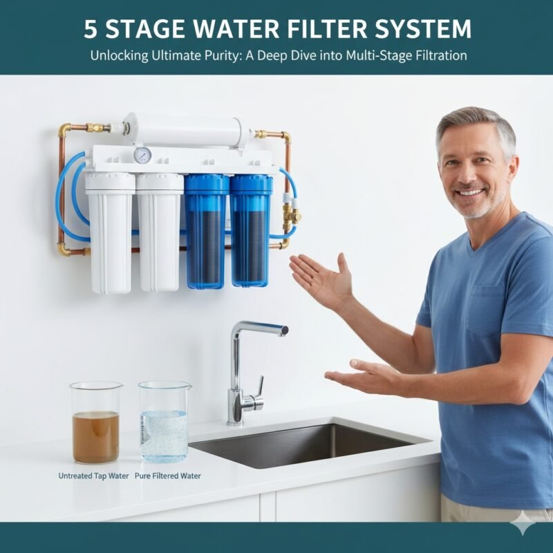 5 stage water filter system designed for household use, showing the compact arrangement of the multi-stage purification unit to deliver clean, filtered water to the home faucet. Quality system from a pp cotton household water purifier company.