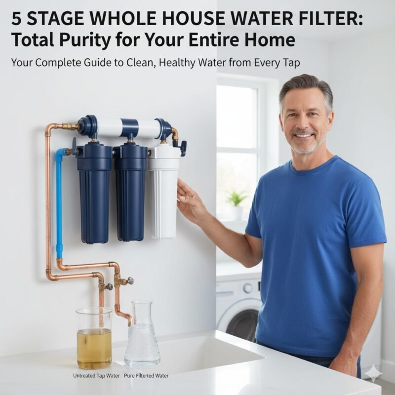 Compact 5 stage whole house water filter system installed near the main water line, providing comprehensive filtration for every faucet and appliance in a typical home. Reliable whole-house solution from a pp cotton household water purifier company.