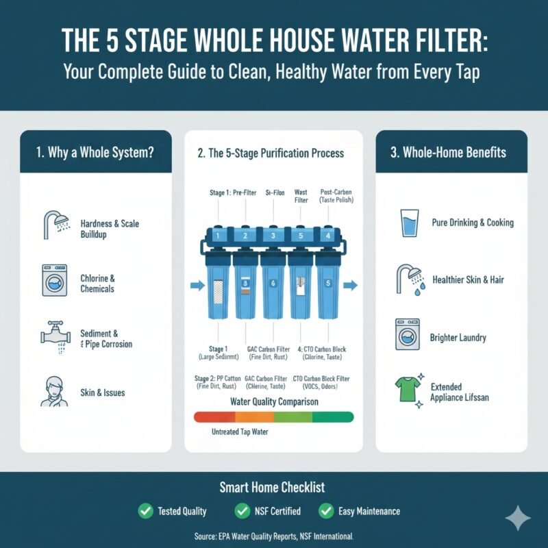 Detailed diagram of a 5 stage whole house water filter setup, showing the sequence of large-capacity cartridges, starting with a crucial pp cotton sediment filter for maximum household protection. Technical view from a pp cotton household water purifier company.