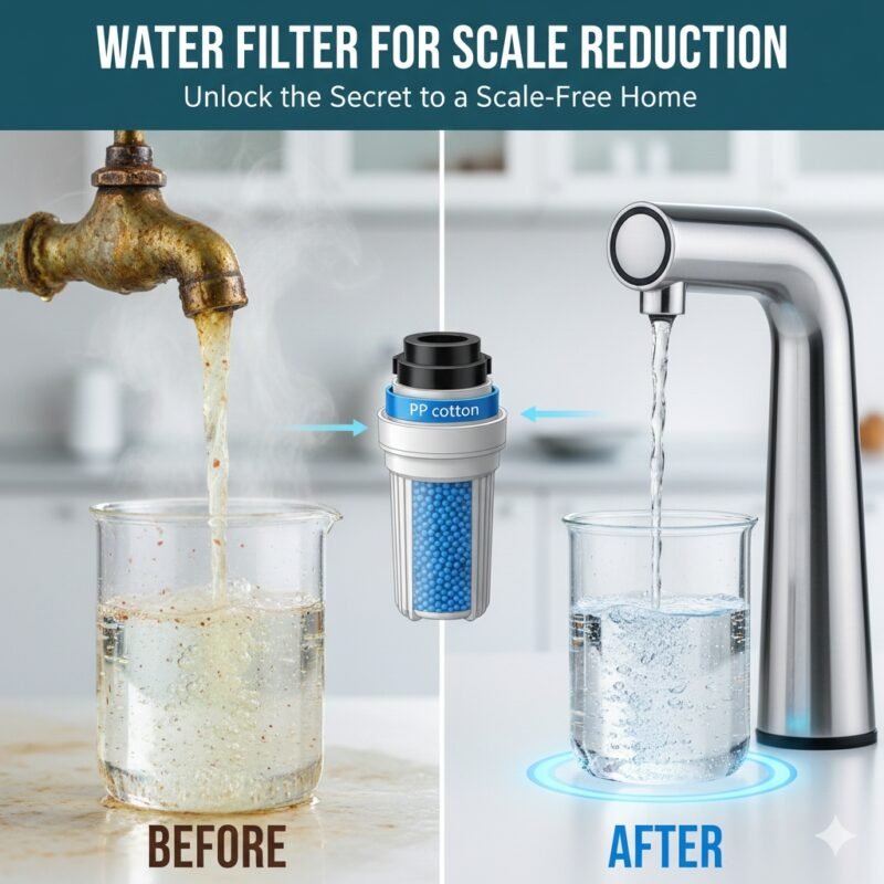 A striking, original image featuring a modern pp cotton household water purifier system, illustrating its effectiveness as a water filter for scale reduction, producing crystal clear water, ideal for use by a reliable water purifier company.