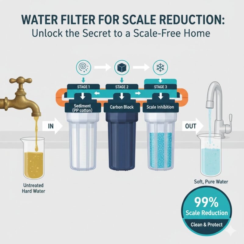 Detailed schematic diagram of a water filter for scale reduction, showcasing the internal mechanism including the PP cotton pre-filter and scale inhibition technology, vital information from a pp cotton household water purifier company.