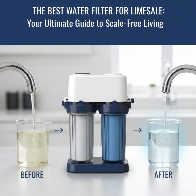 Eye-catching blog cover illustrating a clear stream of purified water flowing from the best water filter for limescale removal, emphasizing the quality offered by a leading pp cotton household water purifier company.