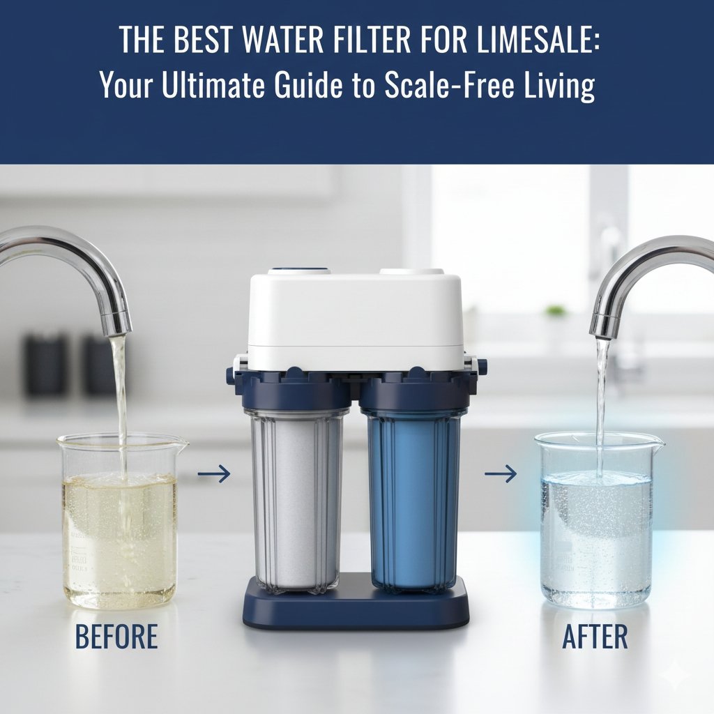 Eye-catching blog cover illustrating a clear stream of purified water flowing from the best water filter for limescale removal, emphasizing the quality offered by a leading pp cotton household water purifier company.