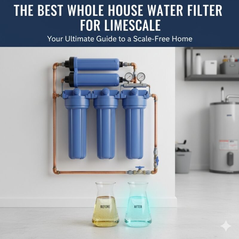 An artistic, high-impact image of a large, cylindrical whole house water filter system, positioned near a clean home, representing the best solution for comprehensive limescale reduction offered by a professional pp cotton household water purifier company.